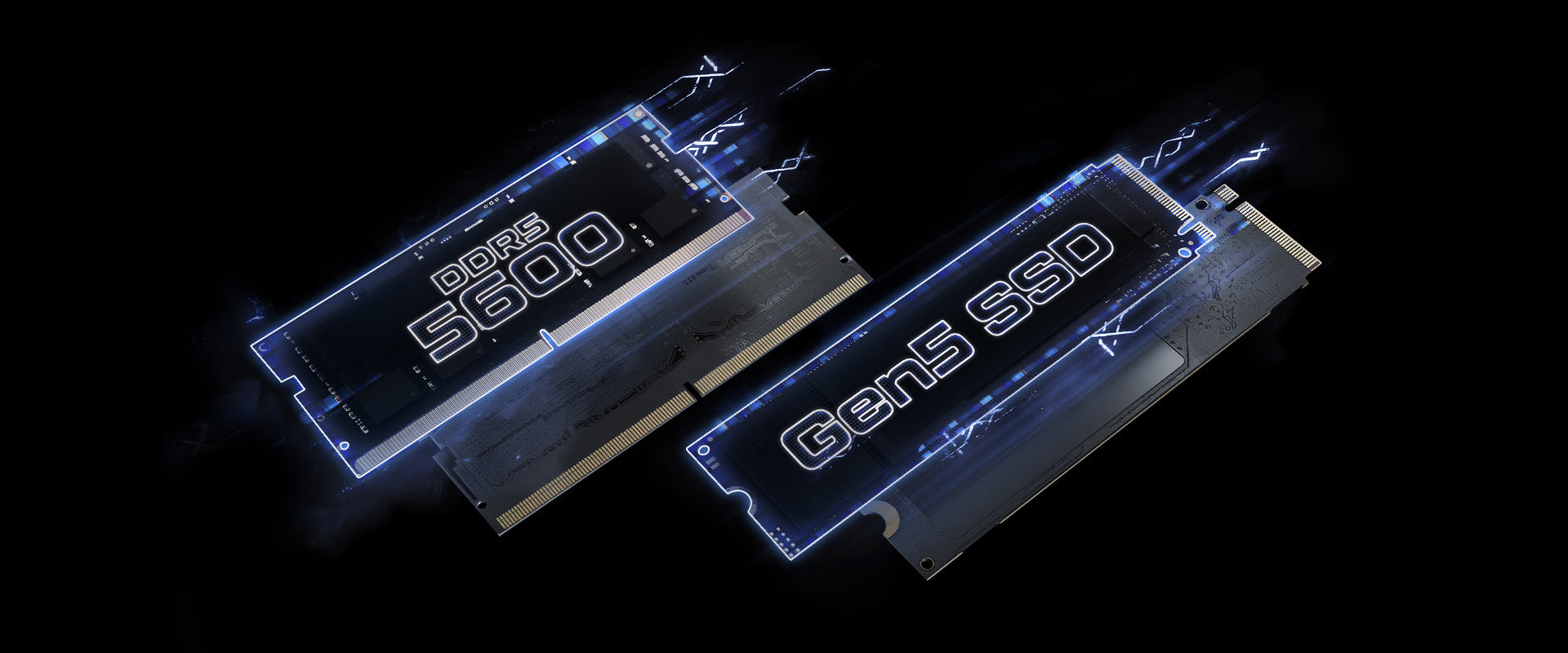 DDR5 5600 RAM-Riegel und eine Gen5 SSD mit blauen Lichteffekten auf schwarzem Hintergrund