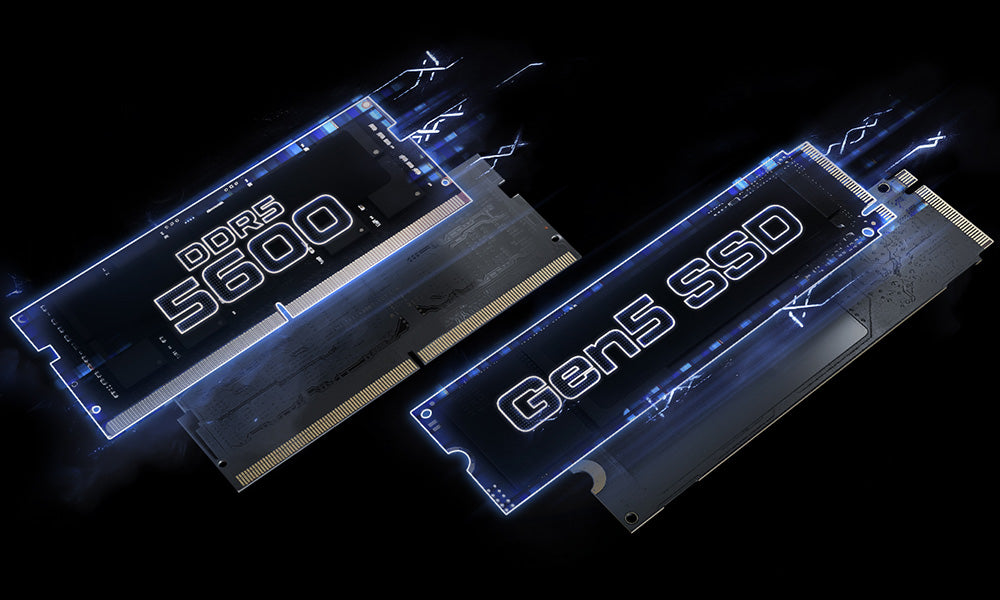 Hochleistungs-Hardware mit DDR5-5600 Arbeitsspeicher und einer schnellen Gen5 SSD in blauer Beleuchtung.
