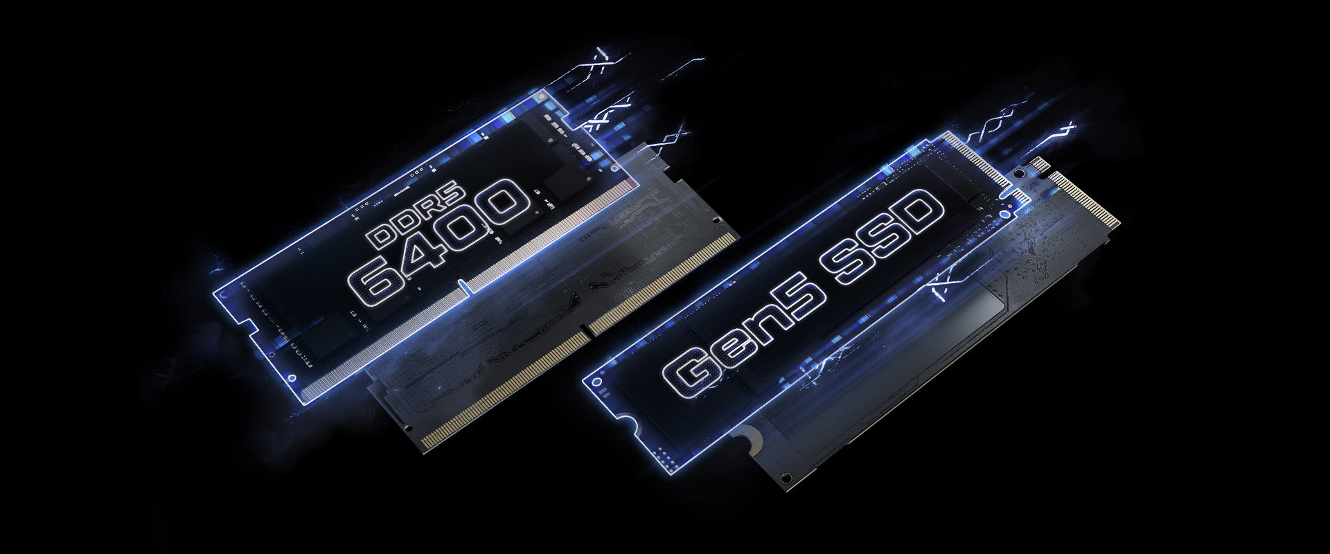 DDR5 6400 RAM-Riegel und eine Gen5 SSD vor schwarzem Hintergrund mit blauen Lichteffekten