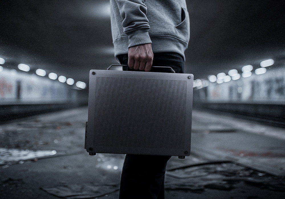 Person trägt einen kompakten, metallischen High-End Gaming-PC in einem Koffer durch eine U-Bahn-Station