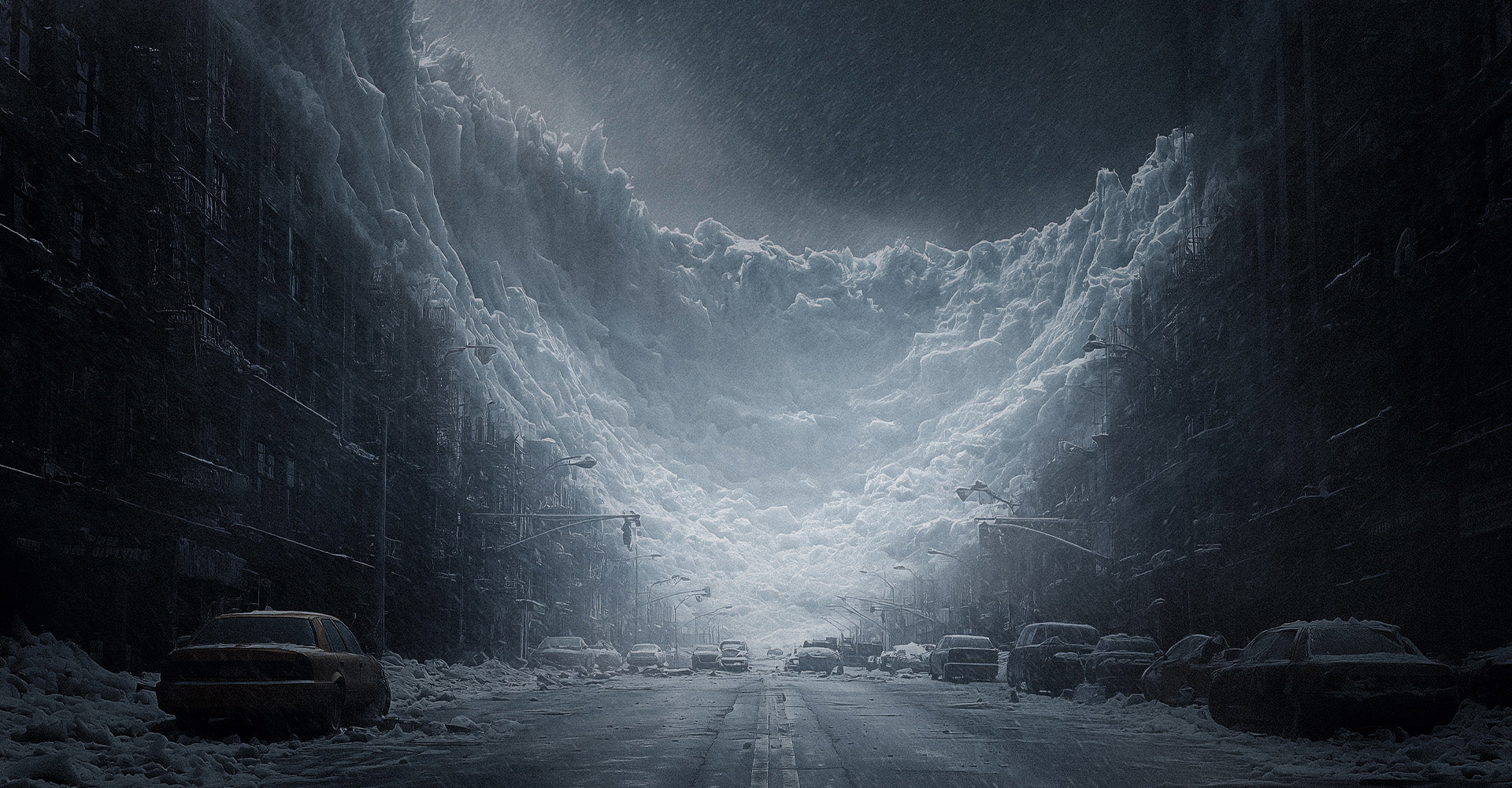 Apokalyptische Straßenschlucht mit massiven Schneewänden zwischen dunklen Hochhäusern unter grauem Himmel.