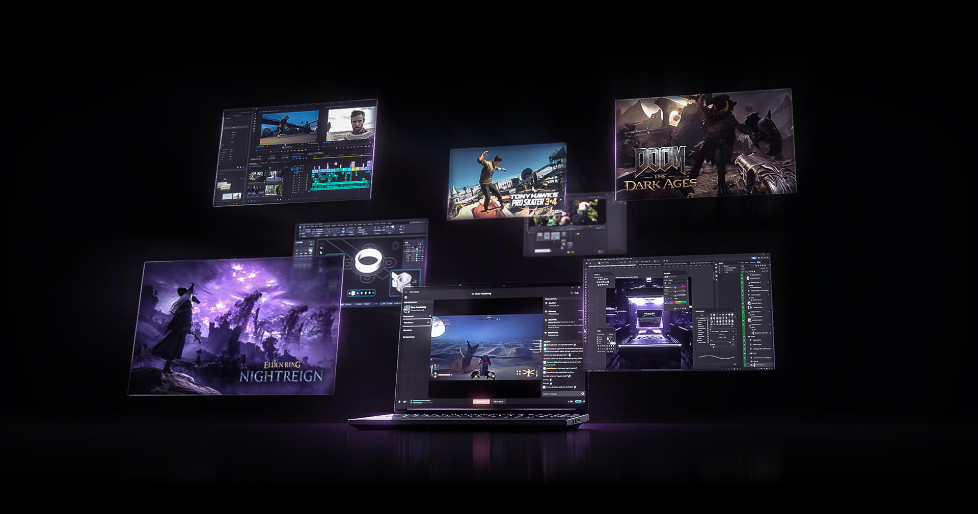 High-End Gaming-Laptop auf schwarzem Tisch mit schwebenden Fenstern für Gaming, Videobearbeitung und CAD.
