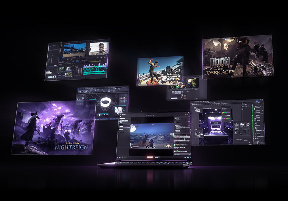 Gaming-Laptop umgeben von schwebenden Fenstern mit Spielen wie Elden Ring und Softwareanwendungen.