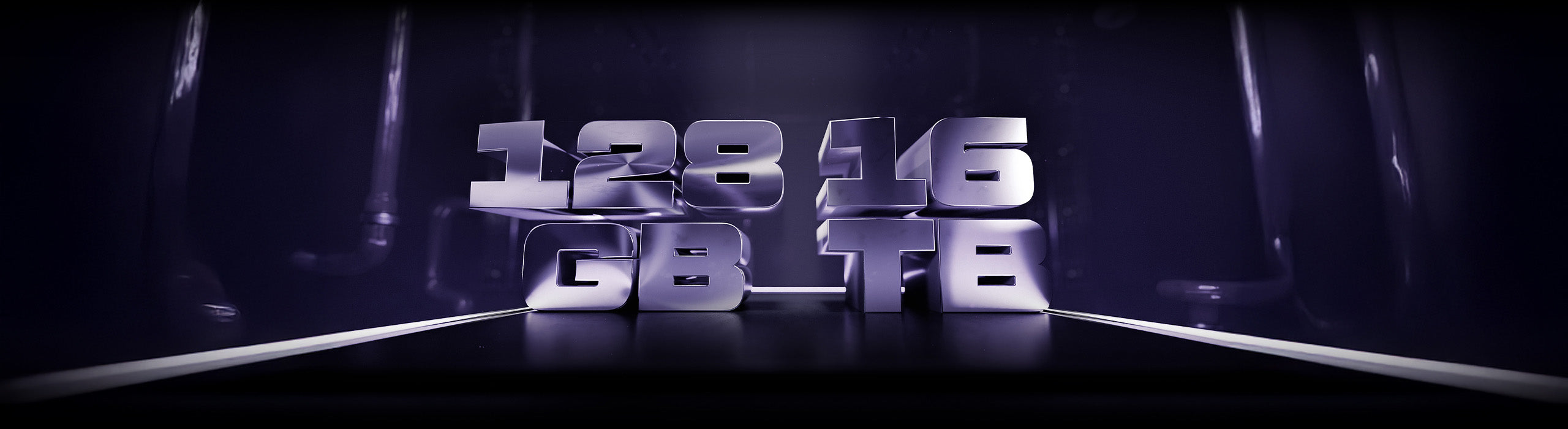 Dreidimensionale silberne Ziffern mit der Aufschrift 128 GB und 16 TB auf dunklem Hintergrund