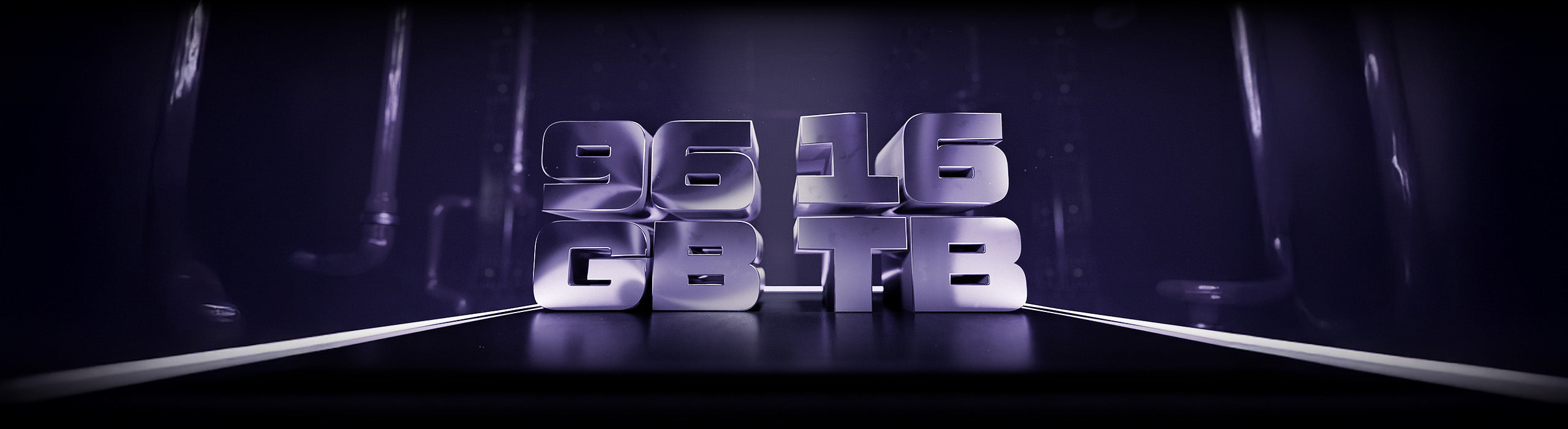 3D-Schriftzug 96 GB und 16 TB in futuristischer, dunkler Hardware-Umgebung