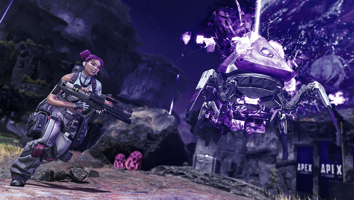 Apex Legends Gameplay-Szene mit Charakter Lifeline und futuristischer Roboter-Drohne in lila Beleuchtung.