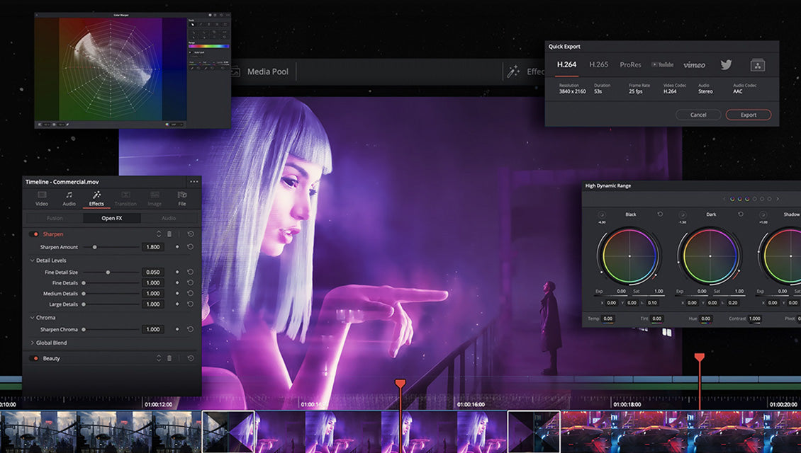 Videobearbeitungs-Software auf einem High-End Laptop-Display mit Farbkorrektur und Timeline.