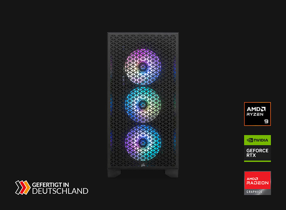 High-End Gaming-PC mit Mesh-Front und drei bunt beleuchteten RGB-Lüftern vor schwarzem Hintergrund