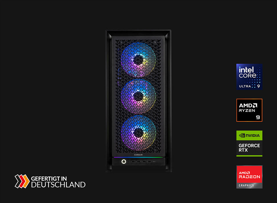 High-End Gaming-PC von vorne mit drei RGB-Lüftern in einem schwarzen Corsair-Gehäuse und Hardware-Logos