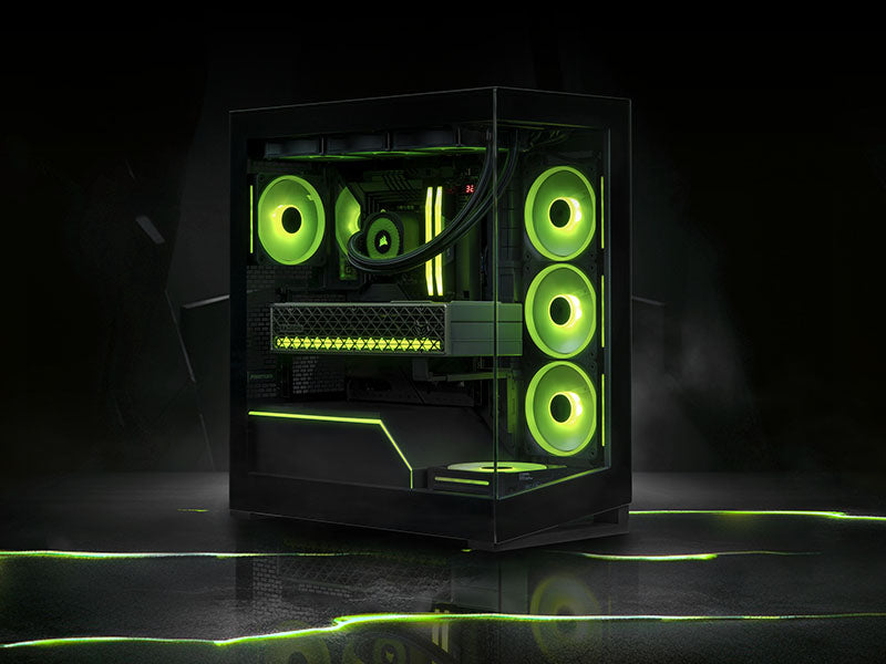 High-End Gaming-PC in einem schwarzen Gehäuse mit auffälliger neongrüner RGB-Beleuchtung und Wasserkühlung.