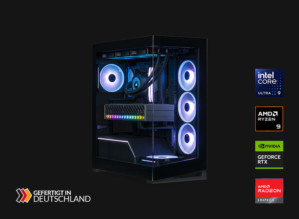 Hochwertiger Gaming-PC mit Glasfront und blauer RGB-Beleuchtung auf dunklem Hintergrund