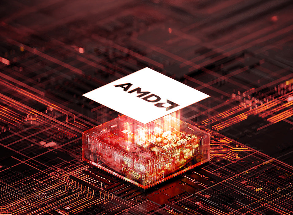 AMD Prozessor auf einem rot beleuchteten Mainboard mit feinen Leiterbahnen in Nahaufnahme.