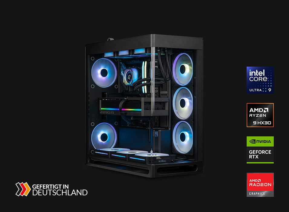 High-End Gaming-PC in einem schwarzen Gehäuse mit Glasfront, RGB-Lüftern und Wasserrettung auf dunklem Hintergrund.