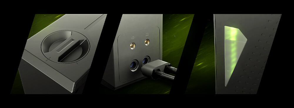 Drei Detailansichten einer externen Wasserkühlung für Gaming-PCs mit Anschlüssen und grünem Ausgleichsbehälter