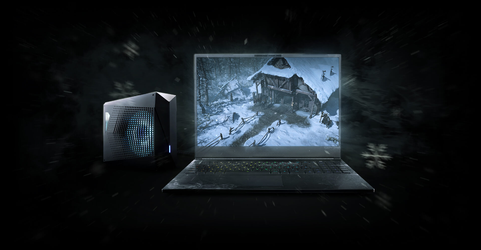 High-End Gaming-Laptop mit externer Wasserkühlung vor dunklem Hintergrund mit Schneeflocken-Effekt.
