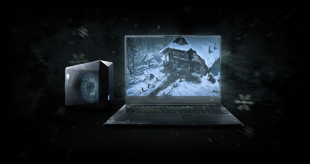 High-End Gaming-Laptop mit externer Wasserkühlung vor dunklem, verschneitem Hintergrund.