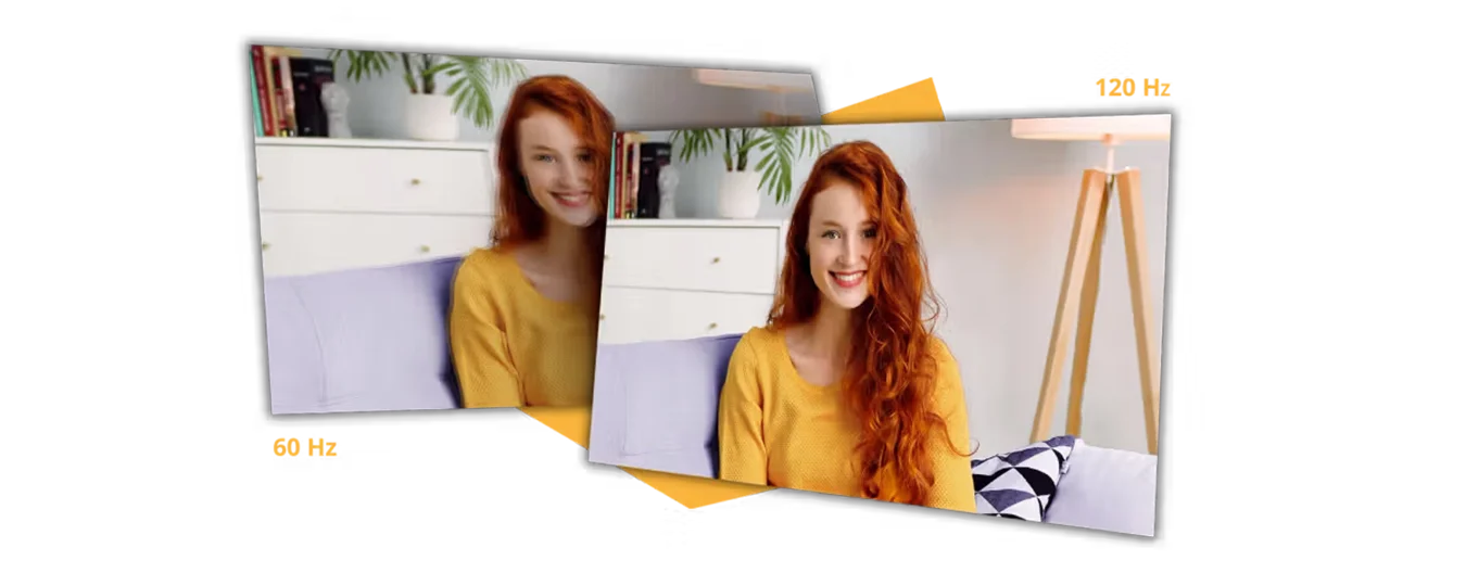 Visueller Vergleich von Laptop-Display-Technologien mit 60 Hz versus flüssigen 120 Hz anhand einer lächelnden Frau.
