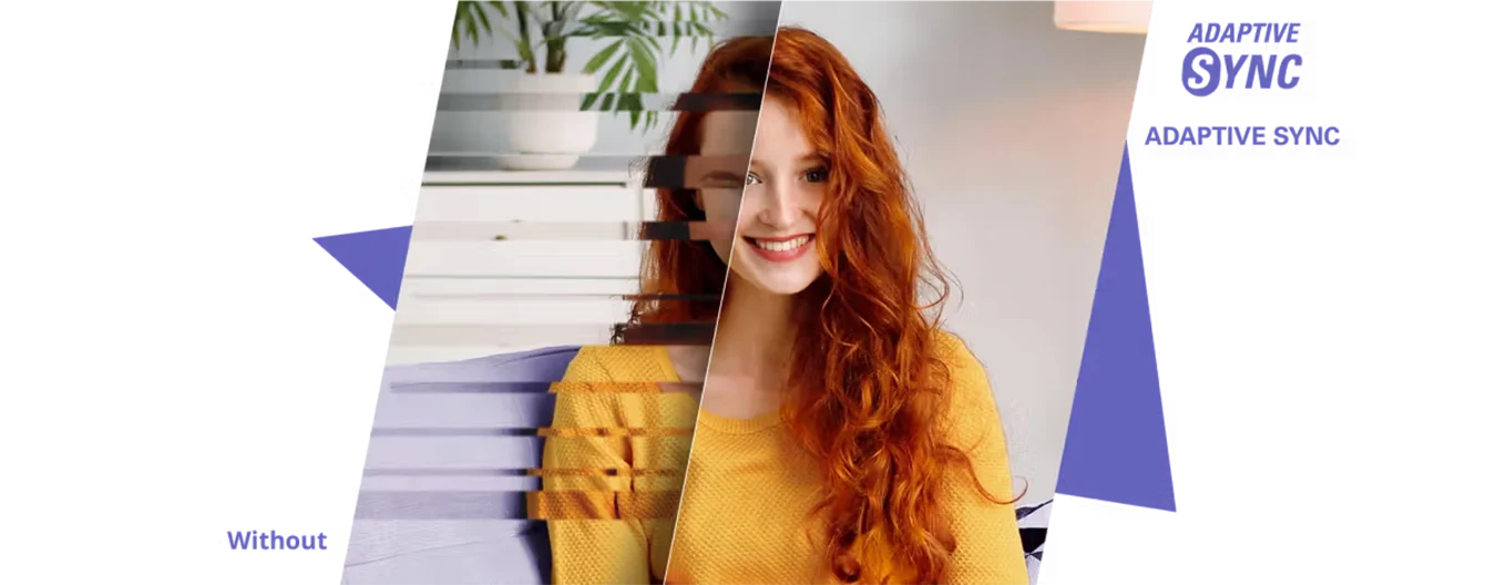 Vergleichsgrafik zu Adaptive Sync mit gestörtem Bild links und flüssiger, klarer Darstellung einer Frau rechts.