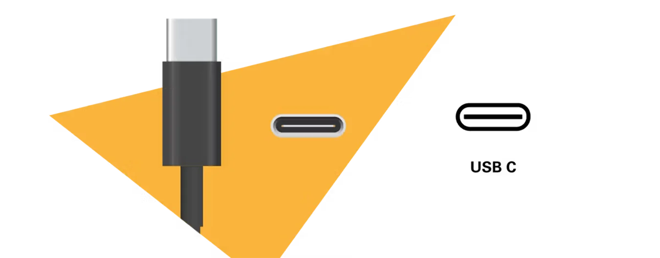 USB-C Stecker und passender Anschluss in Nahaufnahme vor gelbem Hintergrund