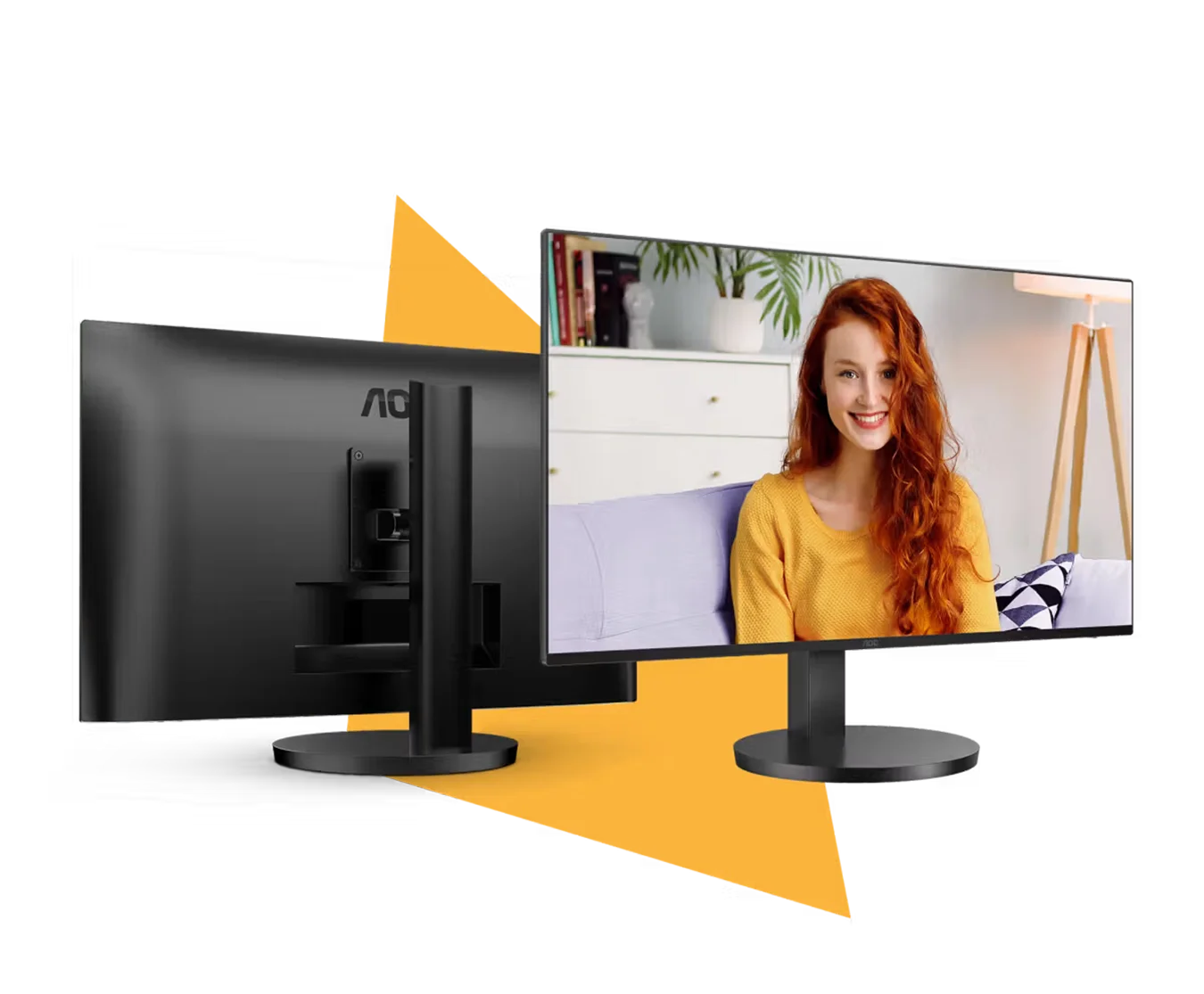 AOC Monitor in Vorder- und Rückansicht mit einer Frau im Video-Call auf dem Bildschirm