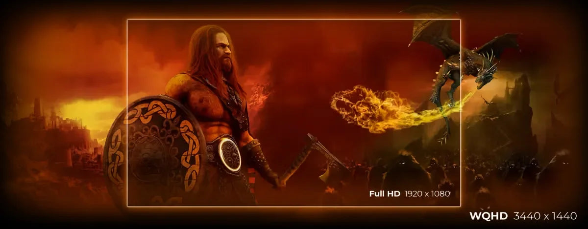 Vergleich der Gaming-Monitor-Auflösungen Full HD und WQHD anhand einer Fantasy-Szene mit Krieger und Drache.