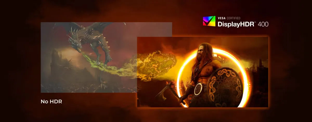 Visueller Vergleich von No HDR und VESA Certified DisplayHDR 400 mit einem Gaming-Motiv.