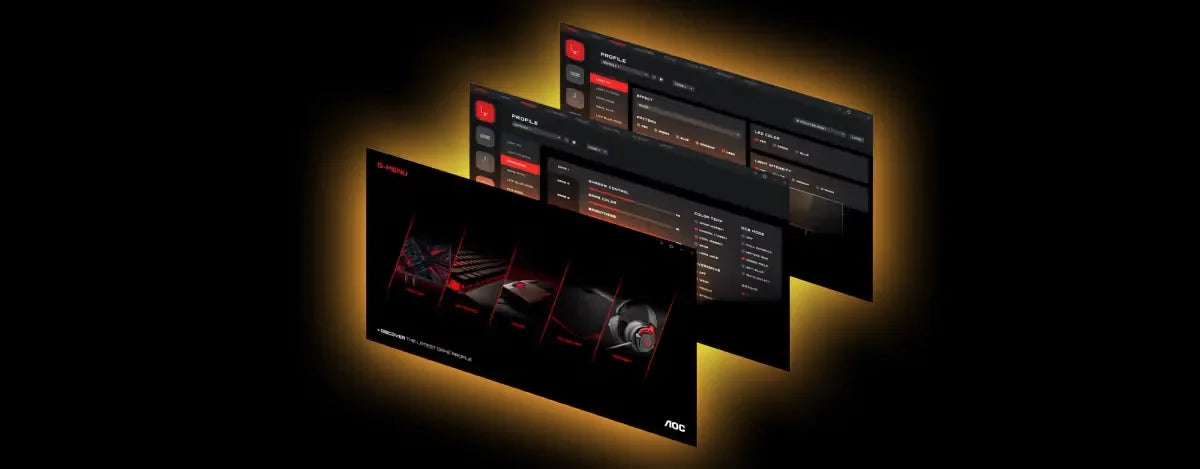 Benutzeroberfläche der AOC G-Menu Software zur Steuerung von Gaming-Peripherie in drei gestaffelten Fenstern.