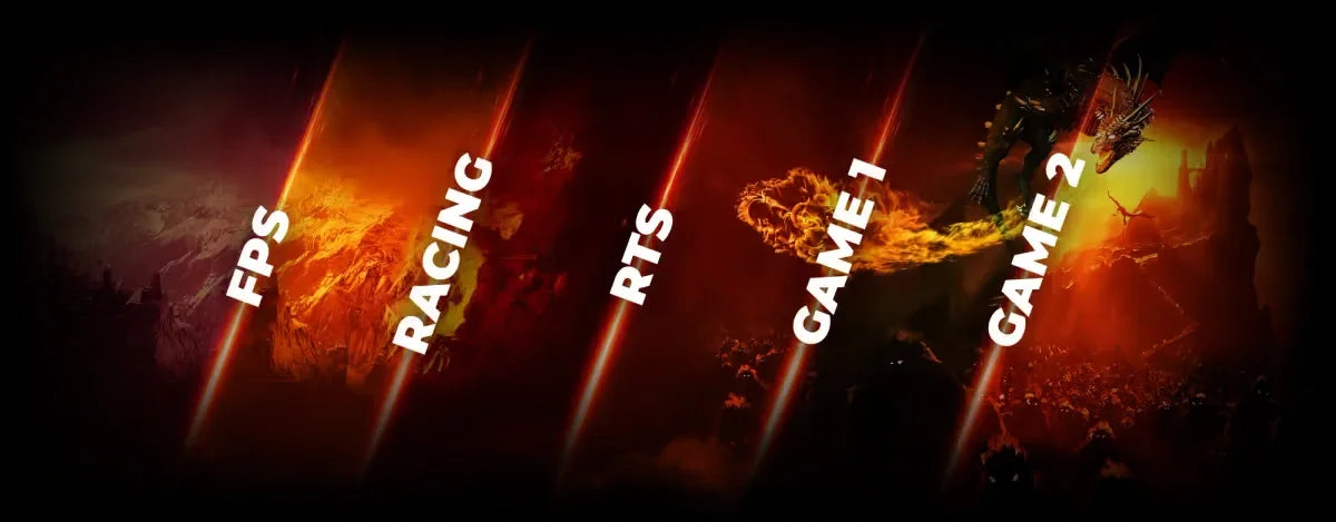 Gaming-Laptop Display-Modi für FPS, Racing, RTS, Game 1 und Game 2 in rotem Design.