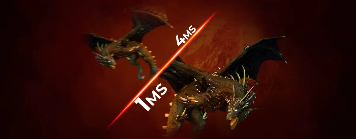 Vergleich von 1ms und 4ms Reaktionszeit an einem fliegenden Drachen auf rotem Gaming-Display.