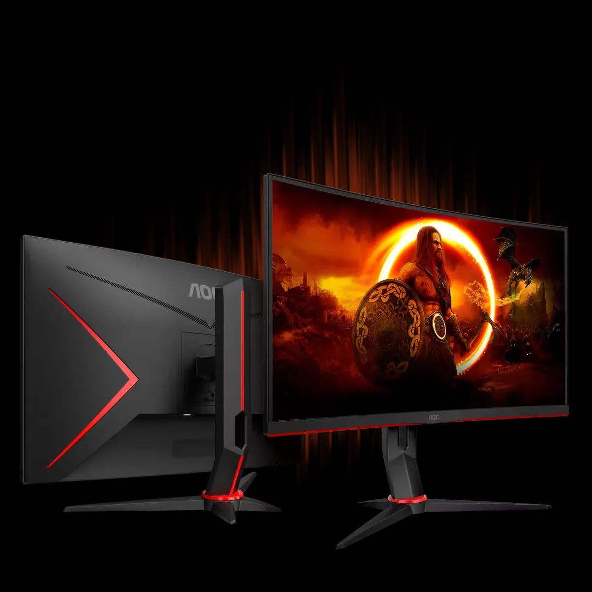 Zwei gebogene AOC Gaming-Monitore in Schwarz mit roter Beleuchtung und Fantasy-Wallpaper vor dunklem Hintergrund.