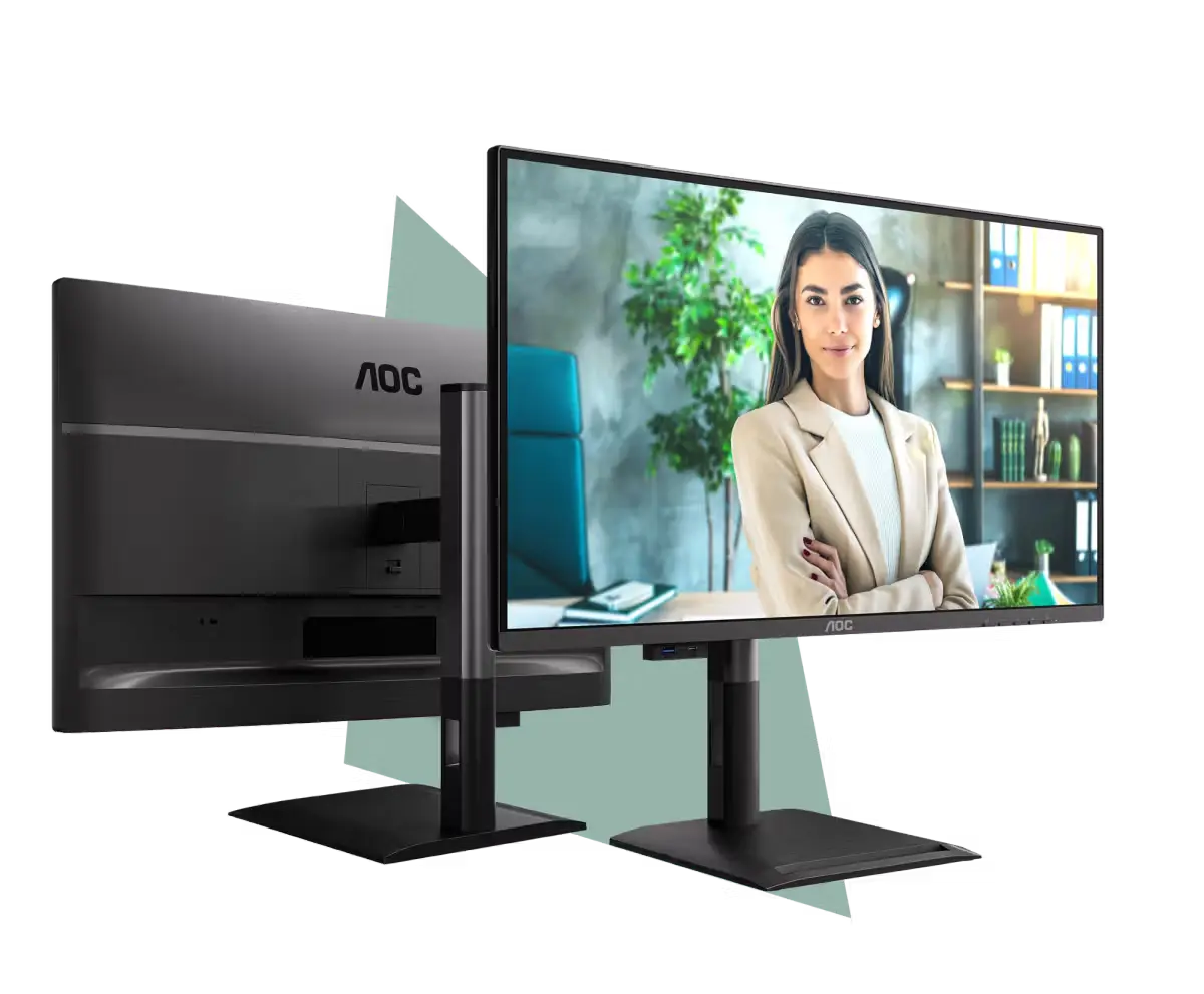 Zwei AOC Monitore mit ergonomischem Standfuß in Vorder- und Rückansicht vor weißem Hintergrund