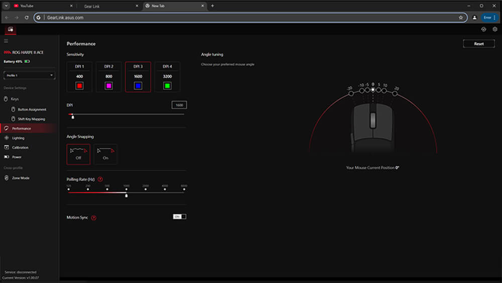 ASUS Armoury Crate Software zur DPI- und Leistungseinstellung einer ROG Gaming-Maus.