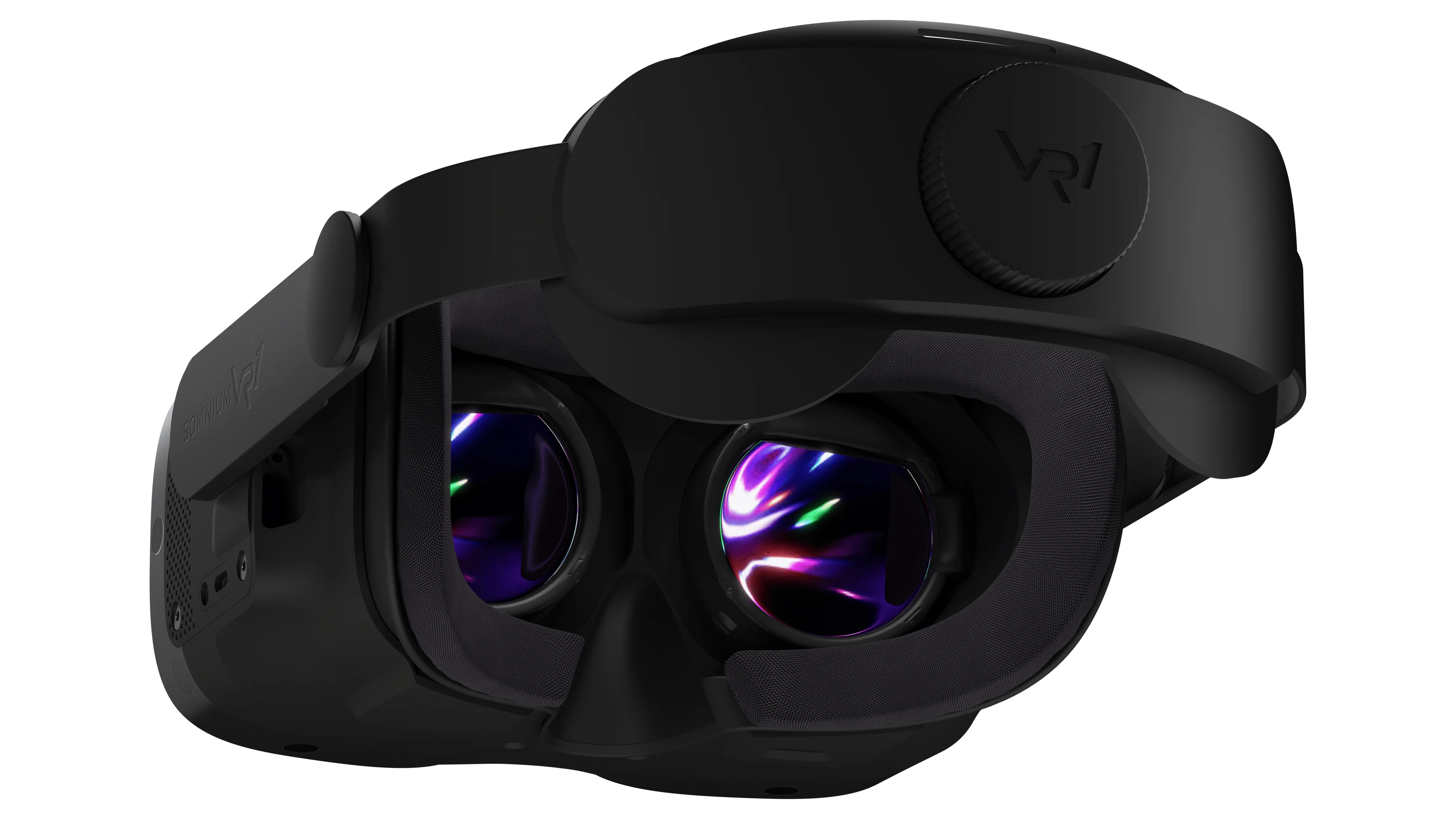 Schwarze Somnium VR1 High-End VR-Brille im Detail mit Blick auf die Linsen und das Kopfband