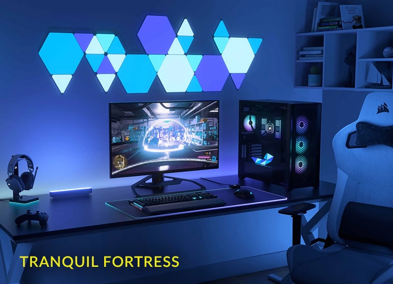 Modernes High-End Gaming-Setup mit beleuchtetem PC, Monitor, RGB-Tastatur, Maus und blauer Wandbeleuchtung.