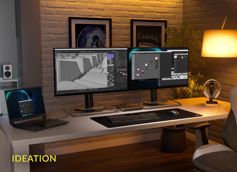 High-End Gaming- und Workstation-Setup mit zwei Monitoren, Laptop, Tastatur und Maus auf einem Holztisch.