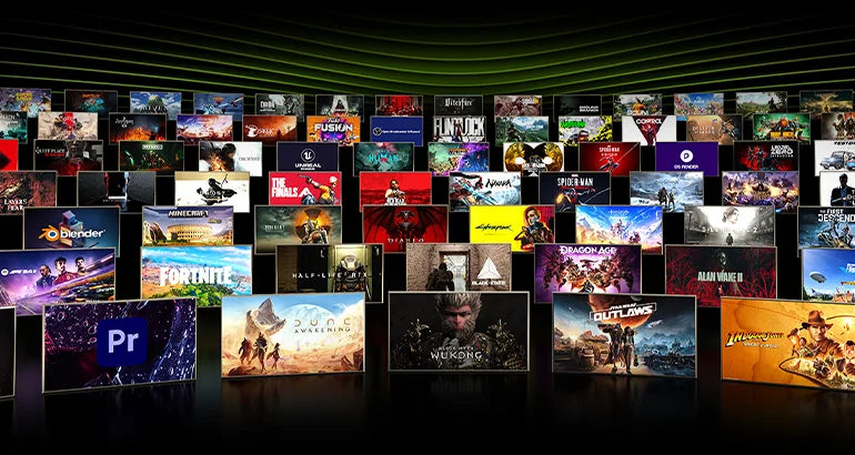 Mosaic aus Gaming- und Software-Logos wie Fortnite und Blender vor grünem Nvidia-Hintergrund.