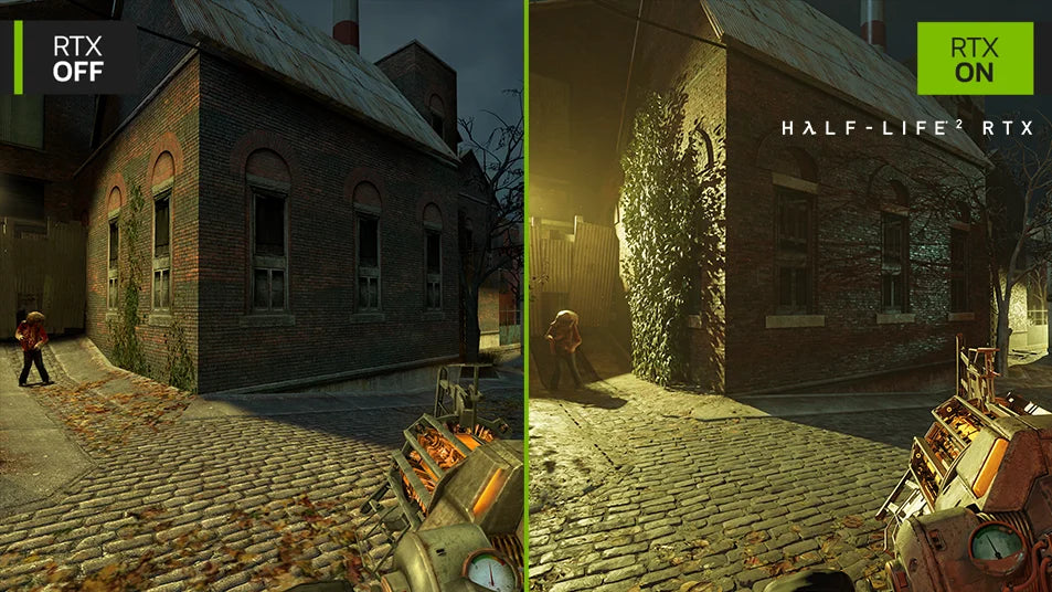 Vergleich von Half-Life 2 RTX mit aktiviertem und deaktiviertem Raytracing für realistische Beleuchtung.