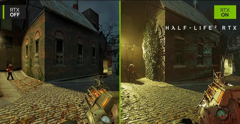 Vergleich von Half-Life 2 RTX mit aktiviertem und deaktiviertem Raytracing für realistische Grafik.