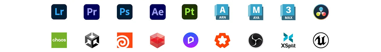 Übersicht von Software-Logos für Kreativ-Anwendungen, Video-Editing und 3D-Rendering auf Creator Laptops