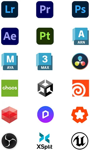Übersicht von Software-Logos für Kreativanwendungen wie Adobe Creative Cloud, 3D-Modeling, Rendering und Streaming.