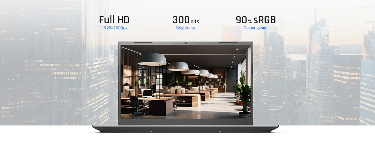 Laptop-Display mit Full HD 1080p, 300 Nits Helligkeit und 90 Prozent sRGB Farbraum vor Stadthintergrund.