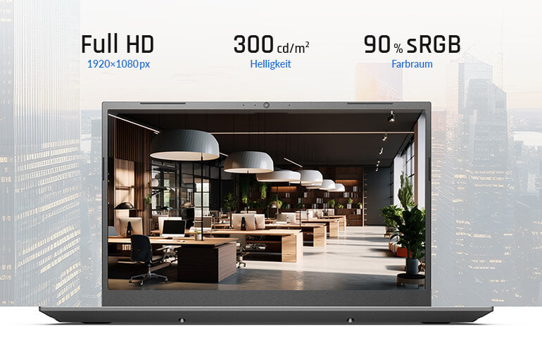 Laptop Display mit Full HD Auflösung, 300 cd/m² Helligkeit und 90 Prozent sRGB Farbraum