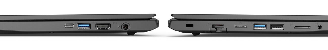 Ansicht der linken und rechten Laptop-Seiten mit USB, HDMI und Netzwerkanschlüssen.