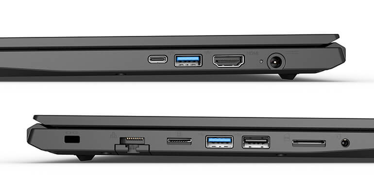 Detailansicht der linken und rechten Anschlussseiten eines modernen Laptops mit USB, HDMI und LAN.