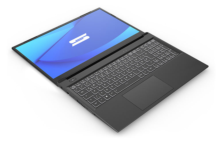 Schwarzer High-End Laptop mit beleuchteter Tastatur und blauem Display auf weißem Hintergrund