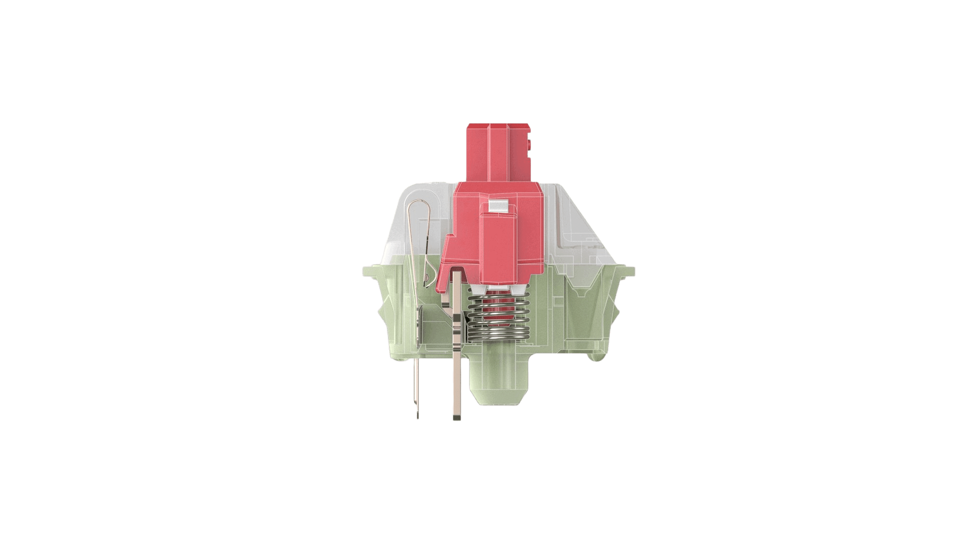 Querschnitt eines mechanischen Tastatur-Switches mit rotem Stem und Metallfeder.
