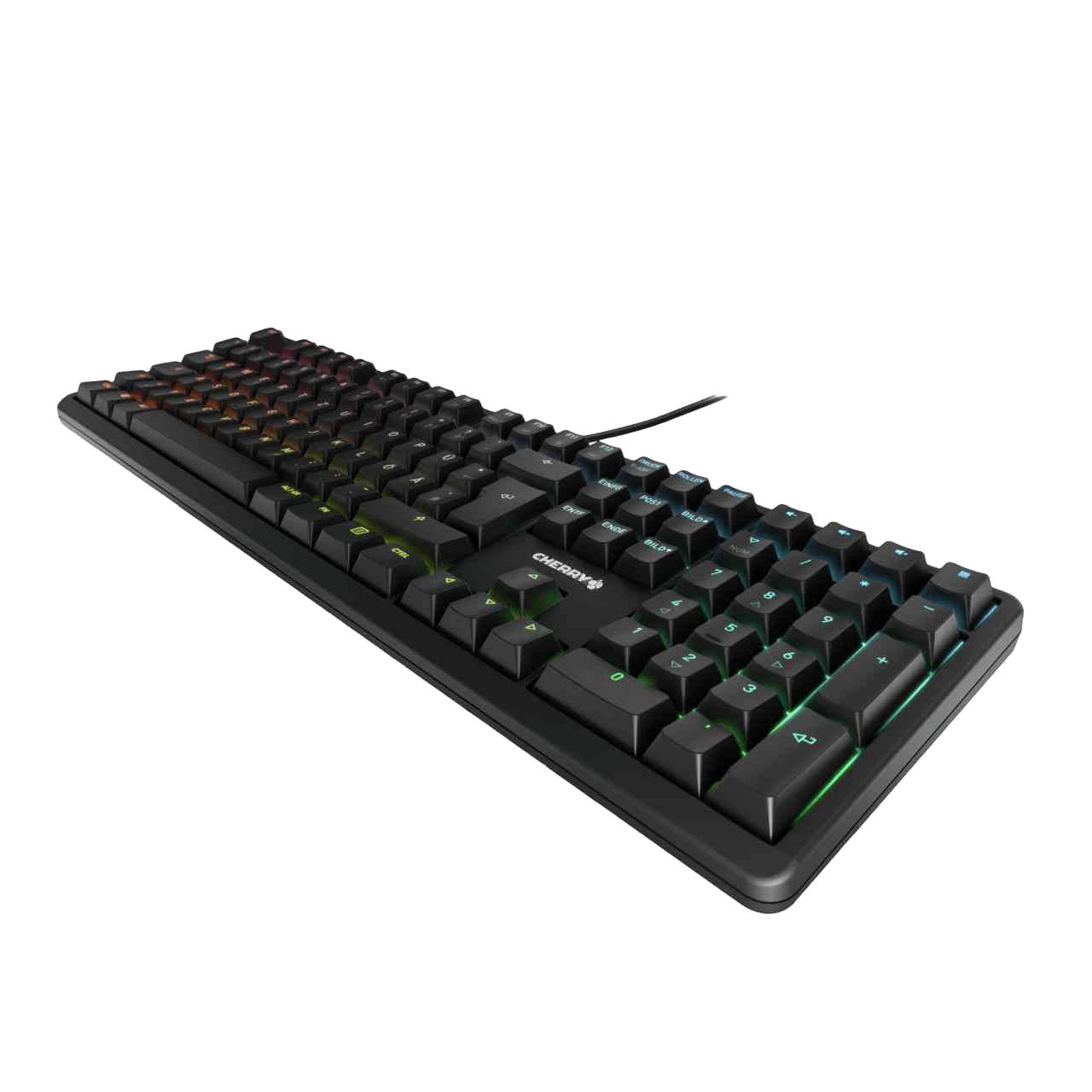 Schwarze Cherry Gaming-Tastatur mit RGB-Hintergrundbeleuchtung und Ziffernblock in perspektivischer Ansicht.