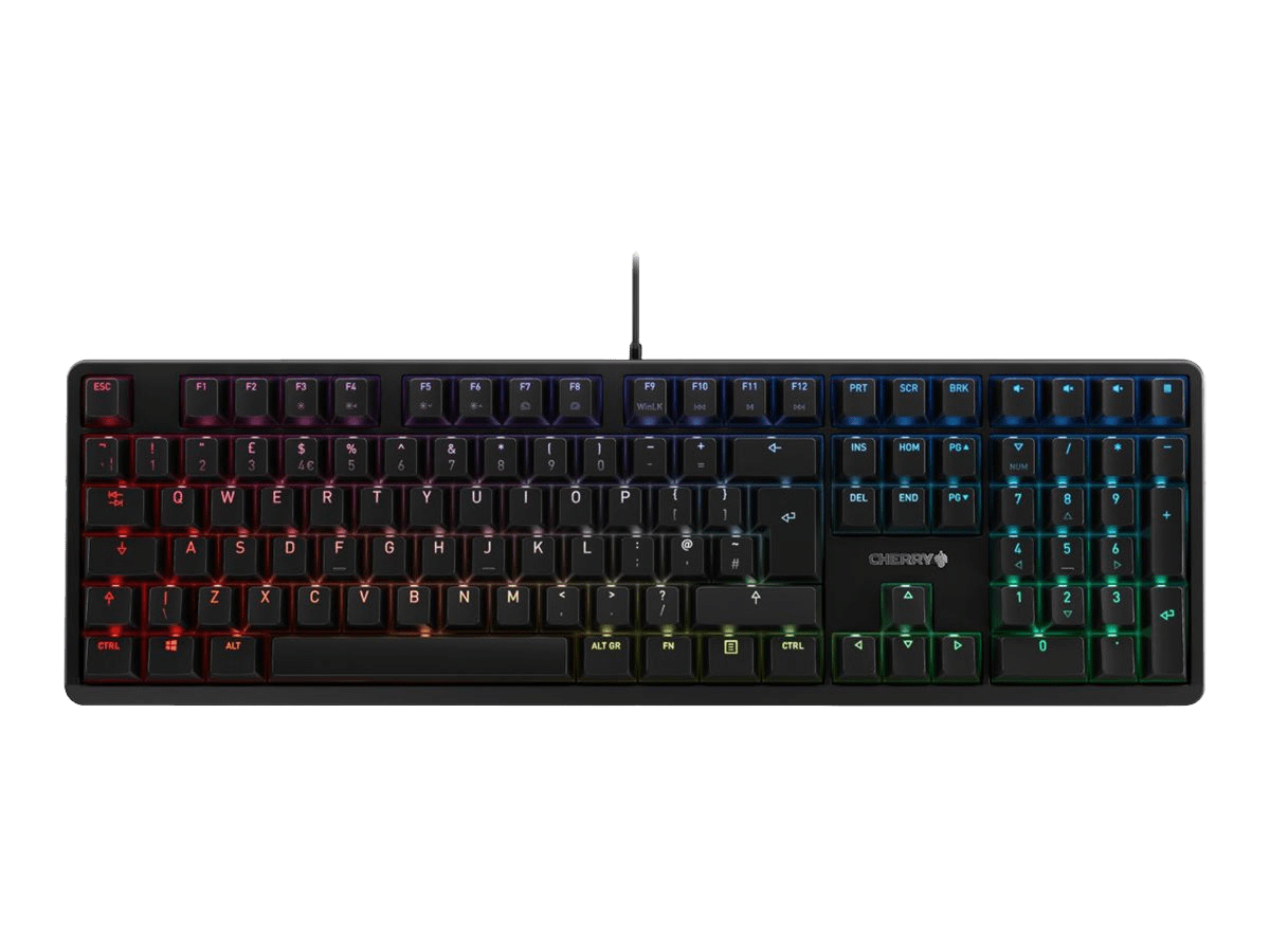 Schwarze Cherry Gaming-Tastatur mit RGB-Hintergrundbeleuchtung und integriertem Ziffernblock in der Ansicht von oben.