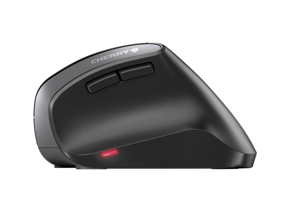 Schwarze, ergonomische CHERRY Vertikal-Maus in Seitenansicht mit Daumentasten und roter Status-LED.