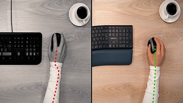 Vergleich ergonomische und ungesunde Handhaltung an Tastatur und Maus am Schreibtisch.